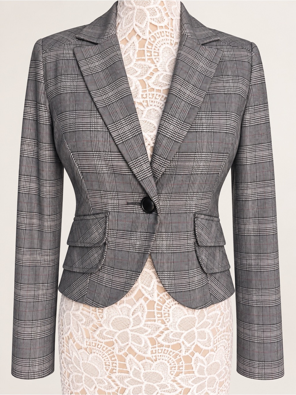 CAbi Counsel Cropped Blazer Gray Glen Plaid Long Sleeve | size 4 | Style #448
